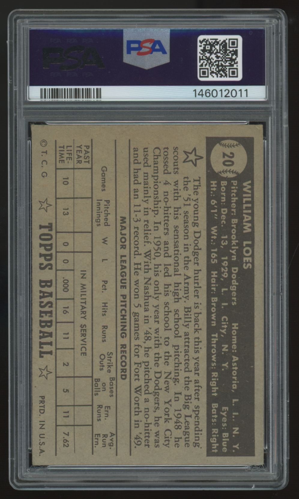 1952 Topps Billy Loes Black Back #20 PSA 4