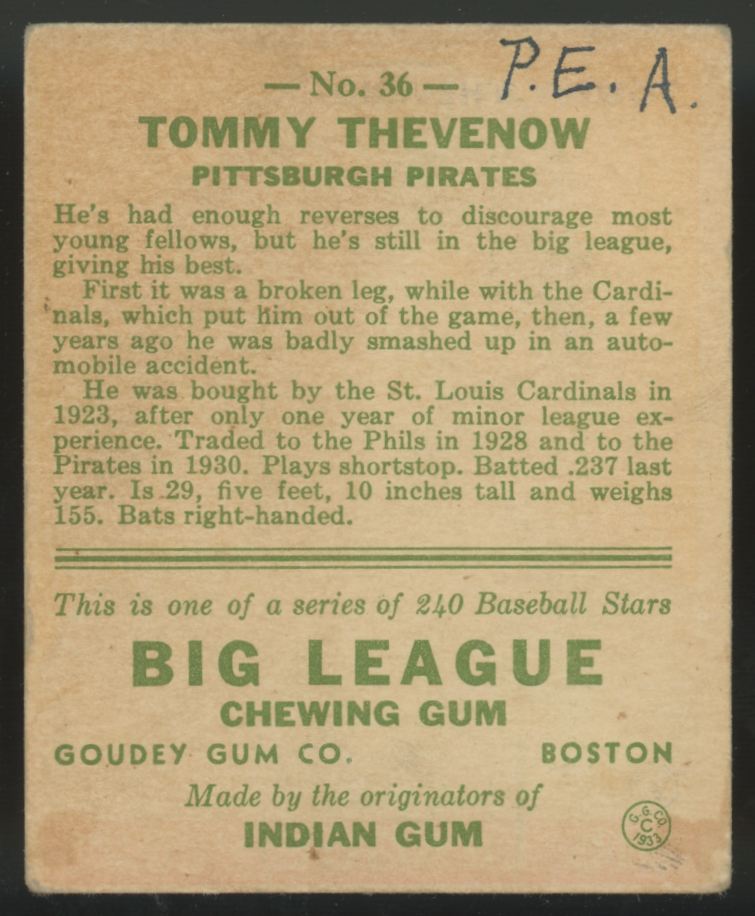 1933 Goudey Tommy Thevenow #36 VG (MK) "A"
