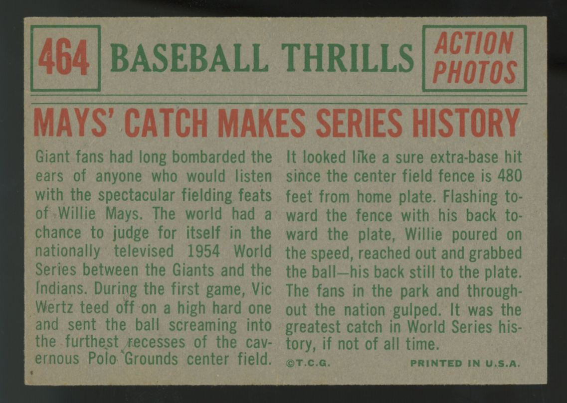 1959 Topps Baseball Thrill's Willie Mays Catch Makes Series History #464 EX+