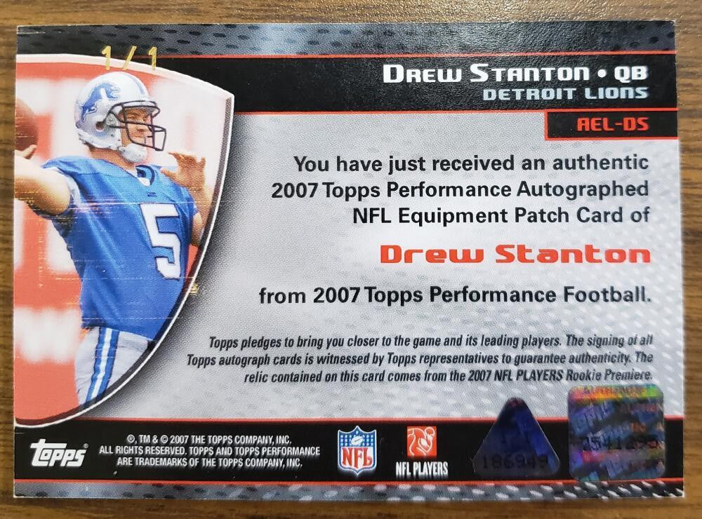 2007 Topps Performance Rookie NFL Logo Shield #AELDS Drew Stanton Auto 1/1 Detroit Lions