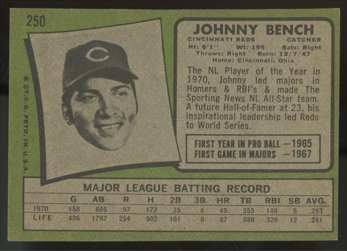 1971 Topps Johnny Bench #250 VG/EX