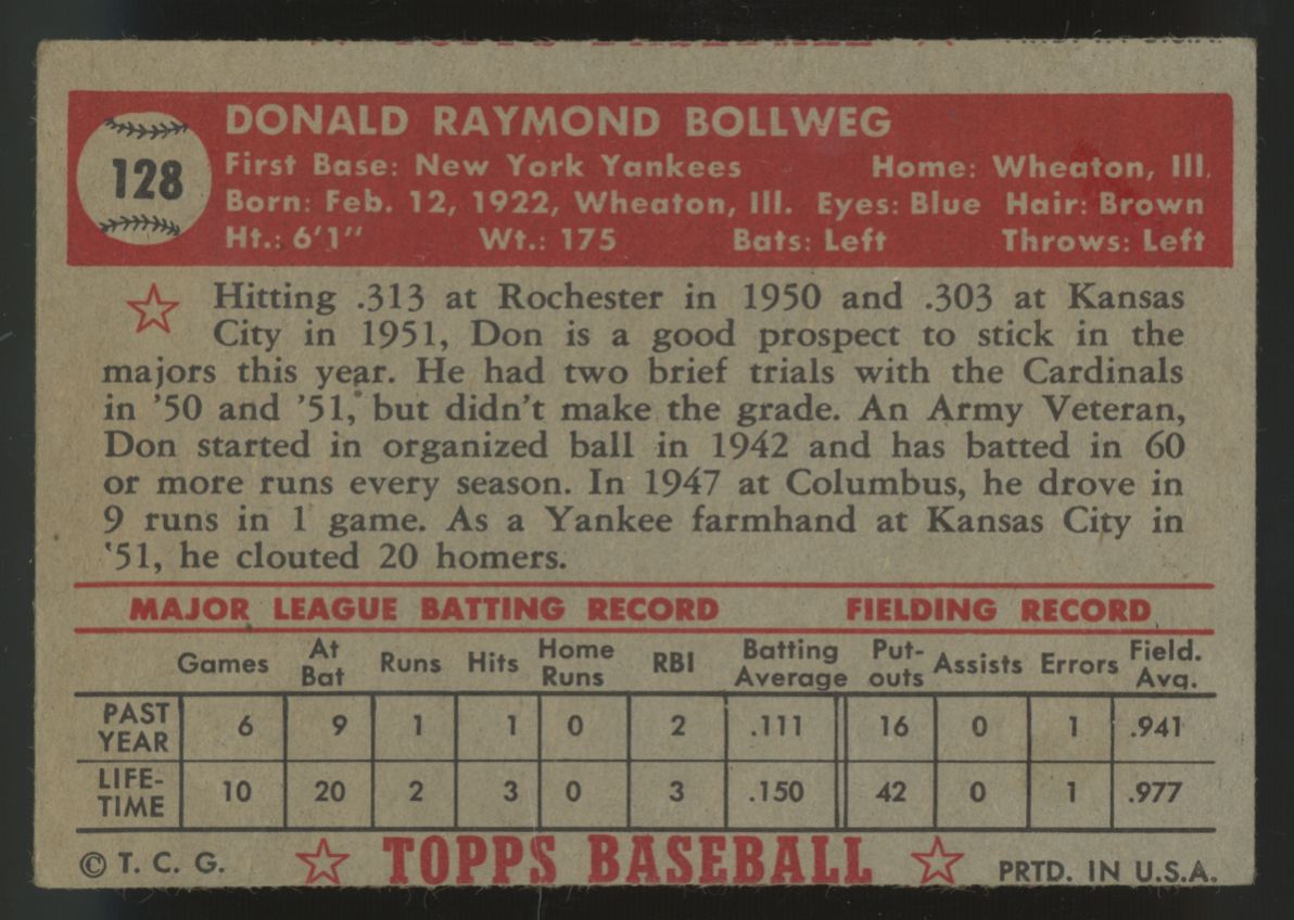 1952 Topps Don Bollweg RC #128 Good "A"