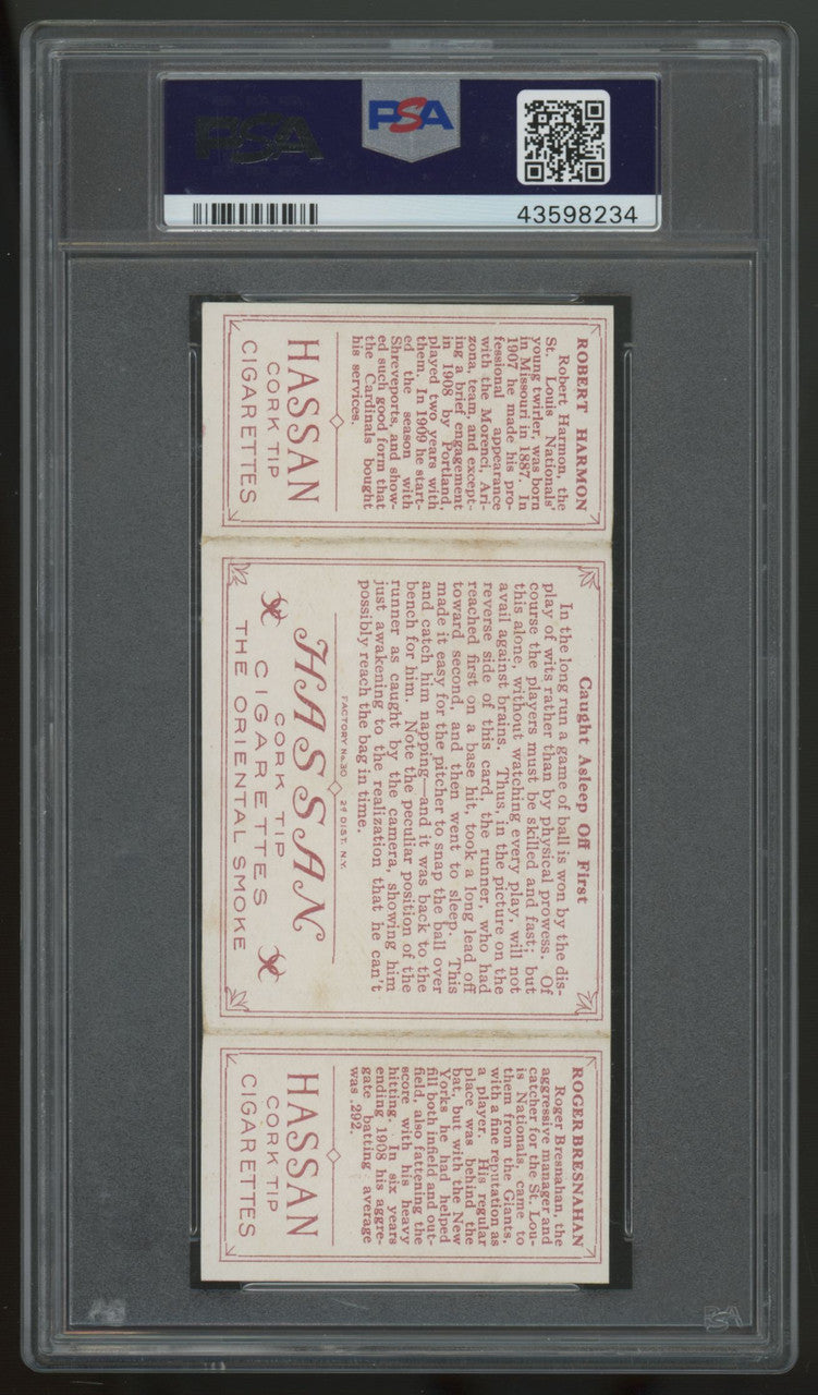 1912 T202 Hassan Triple Folder Bresnahan Harmon Caught Asleep Off First PSA Auth