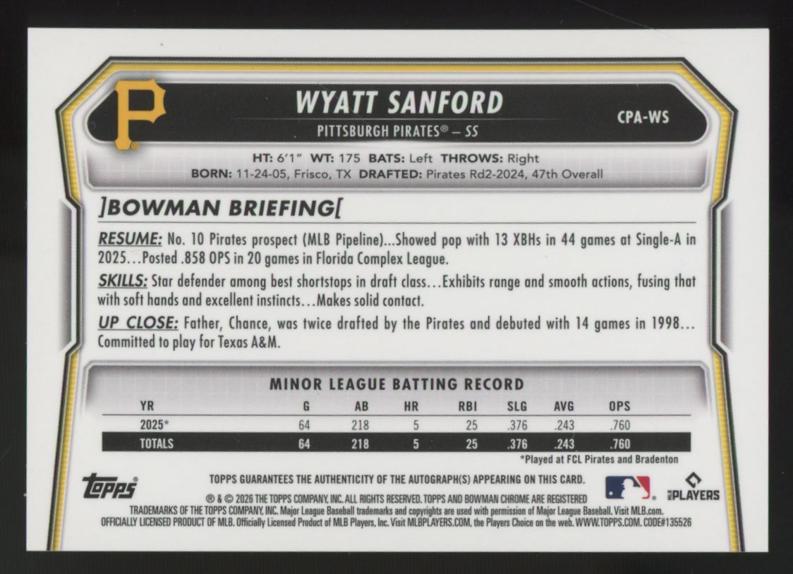 2026 Bowman Wyatt Sanford 1st Chrome Purple Prospect Auto /250 #CPA-WS