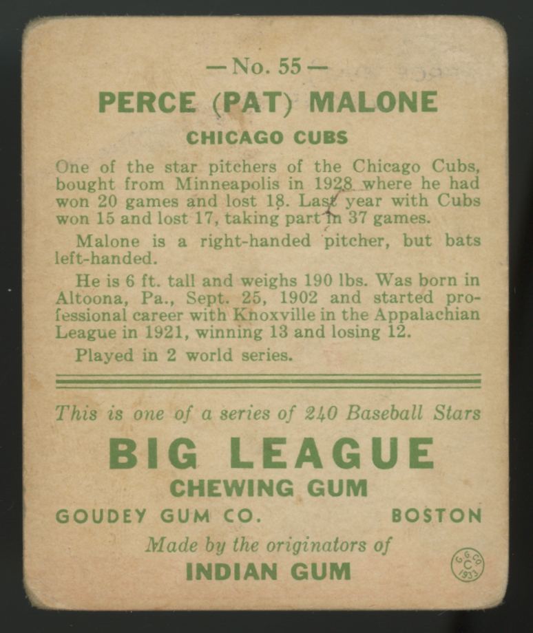 1933 Goudey Perce "Pat" Malone #55 Poor