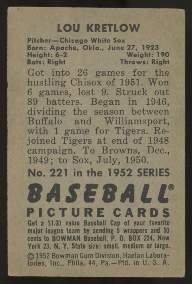 1952 Bowman Lou Kretlow #221 EX