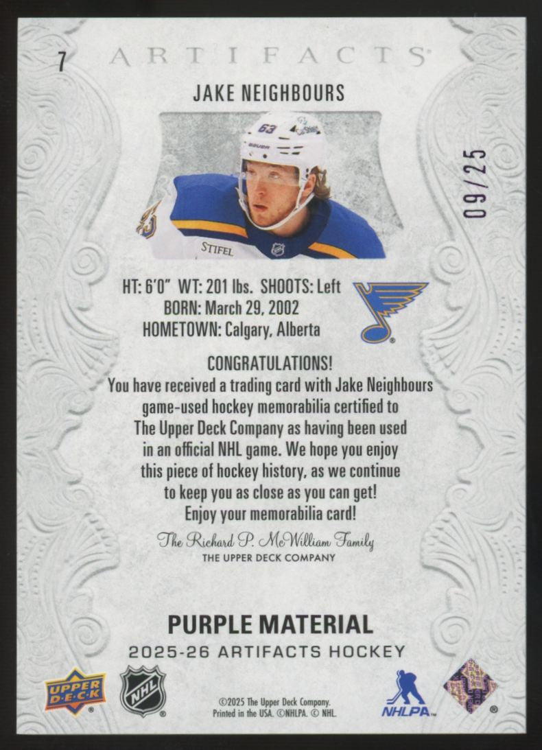 2025-26 Upper Deck Artifacts Jake Neighbours Purple Dual Patch /25 #7