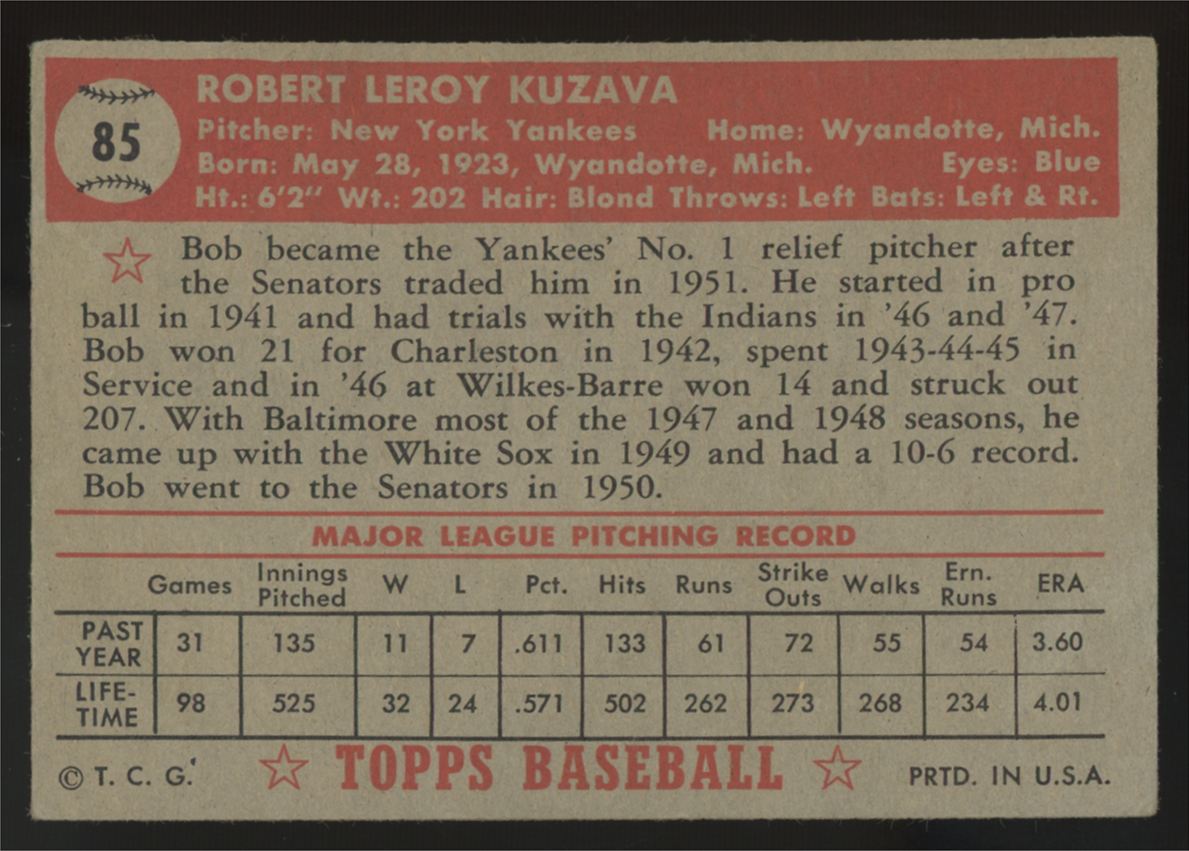 1952 Topps Bob Kuzava #85 VG "A"