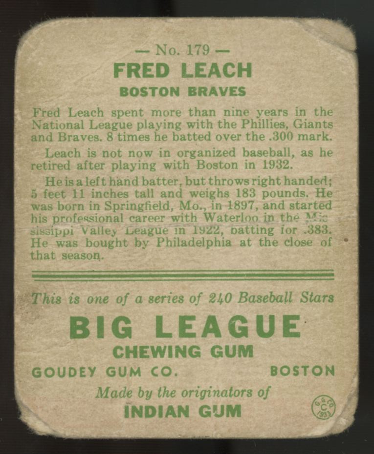 1933 Goudey Fred Leach #179 Poor