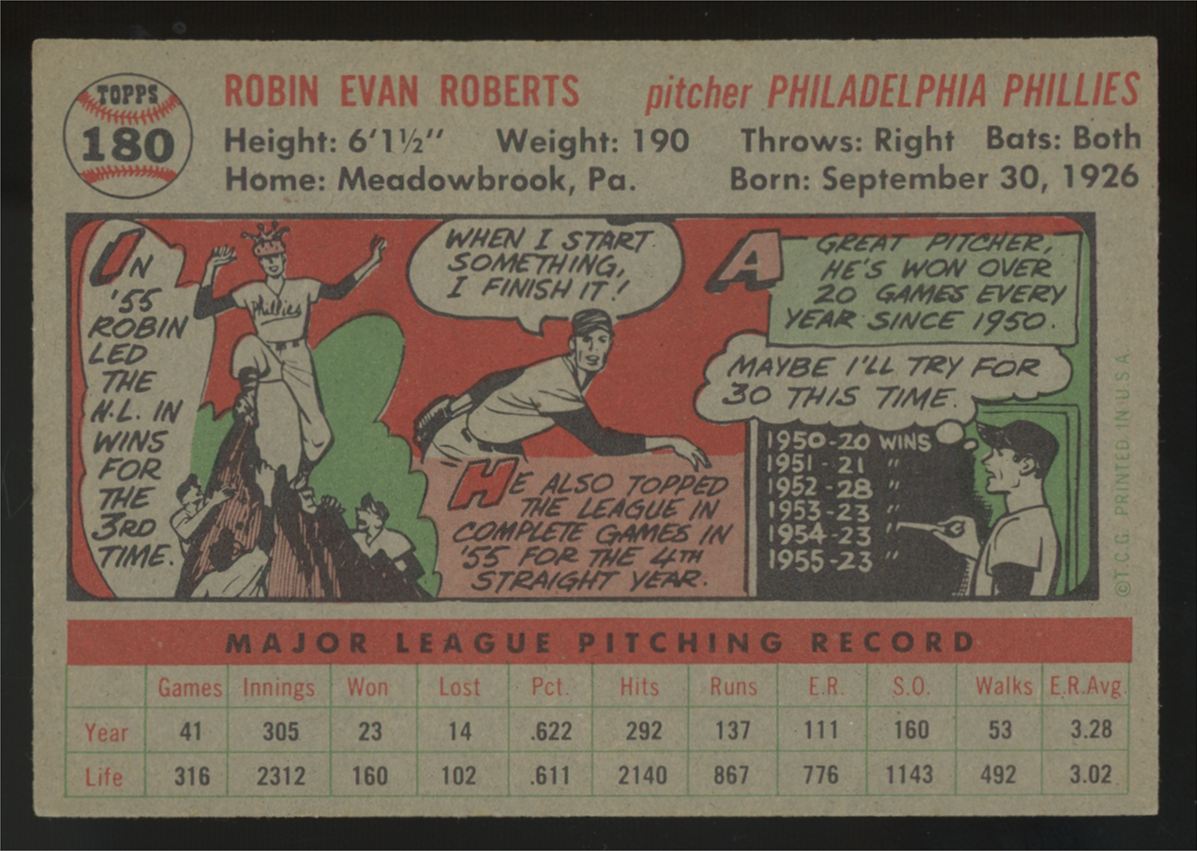 1956 Topps Robin Roberts Gray Back #180 EX/MT