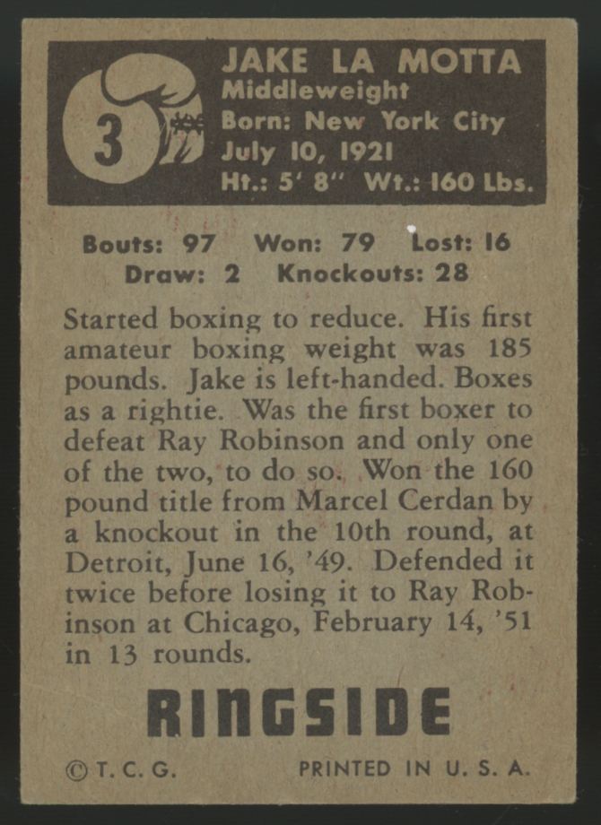 1951 Topps Ringside Jake La Motta #3 VG