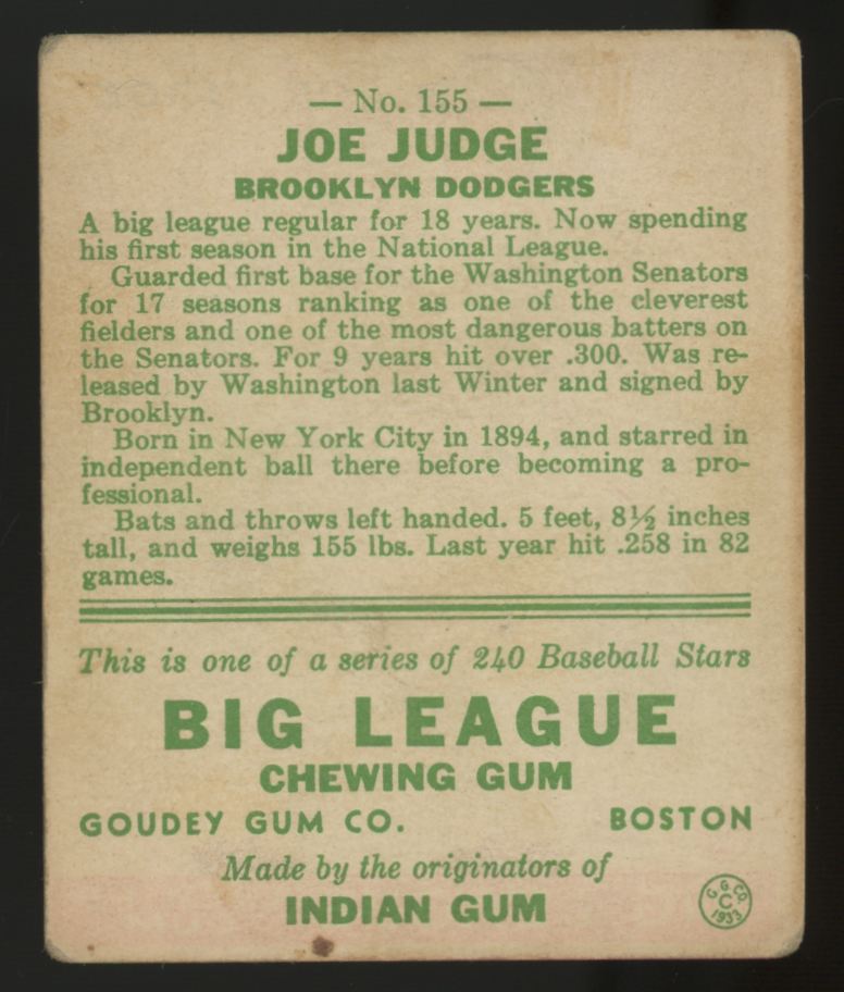 1933 Goudey Joe Judge #155 VG