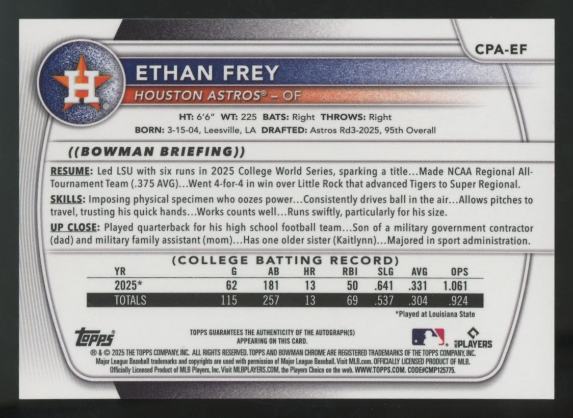 2025 Bowman Draft Ethan Frey 1st Chrome Prospect Auto #CPA-EF