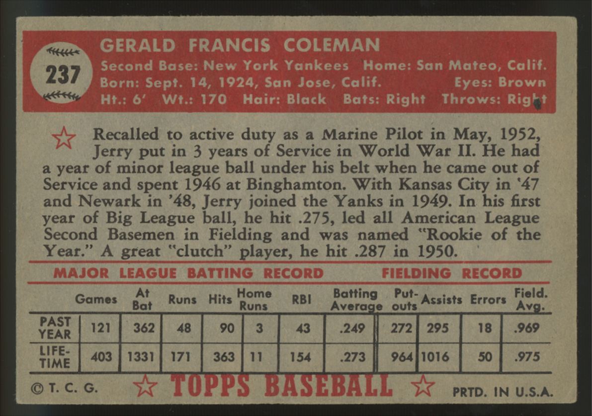 1952 Topps Jerry Coleman #237 VG