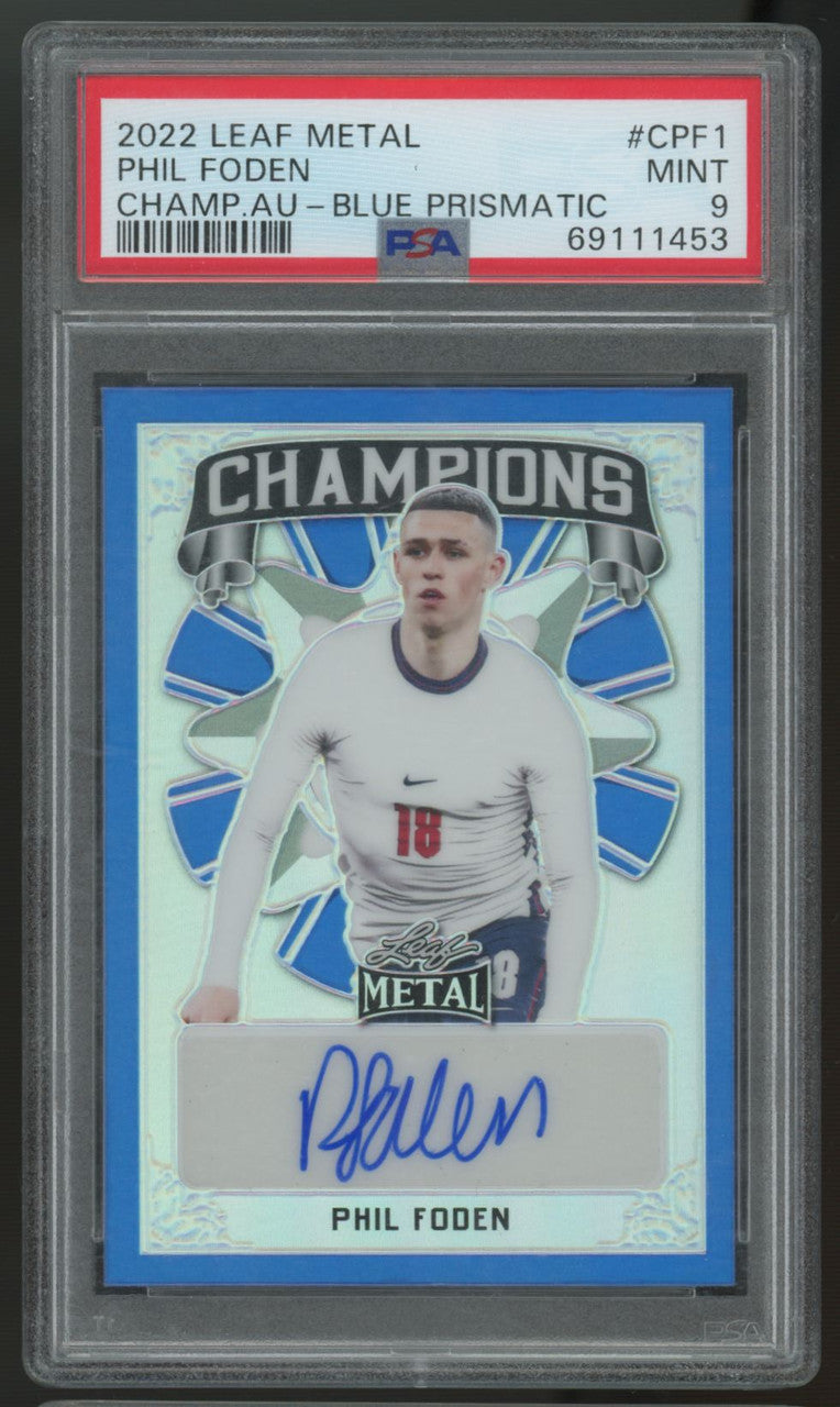 2022 Leaf Metal Phil Foden Champions Blue Prismatic Auto /7 #C-PF1 PSA 9