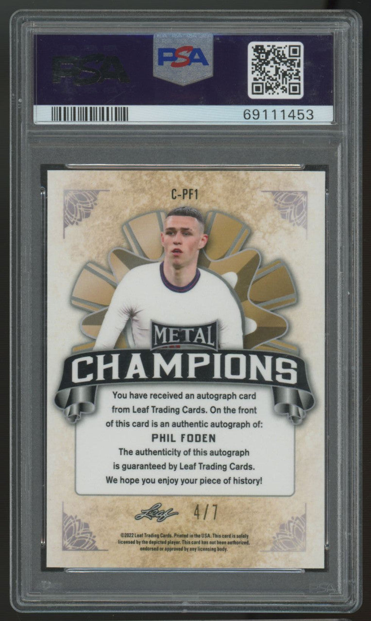 2022 Leaf Metal Phil Foden Champions Blue Prismatic Auto /7 #C-PF1 PSA 9