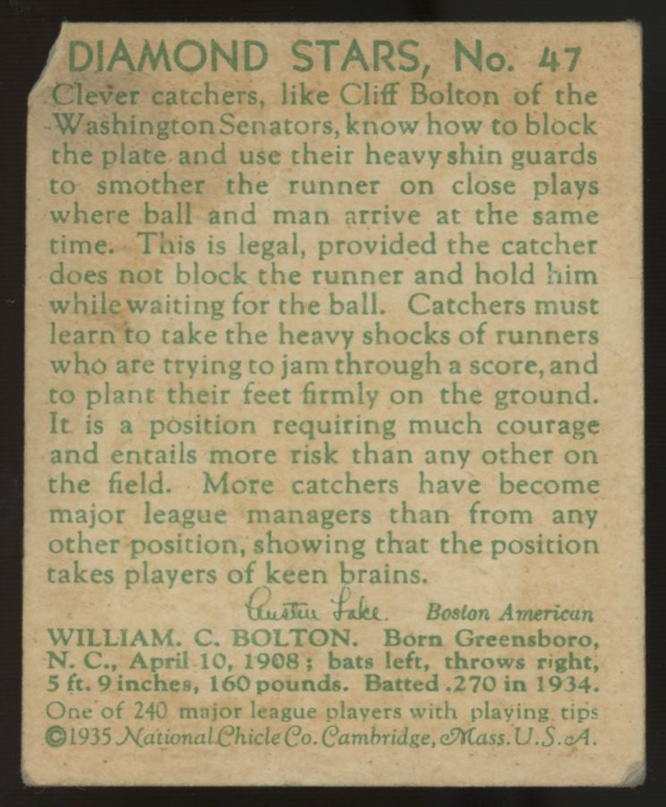 1934-36 1935 Diamond Stars Cliff Bolton #47 Poor