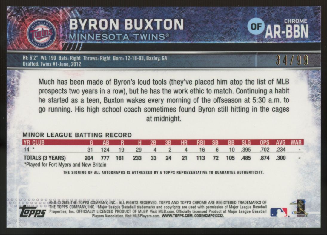 2015 Topps Chrome Byron Buxton RC Green Refractor Auto /99 #AR-BBN