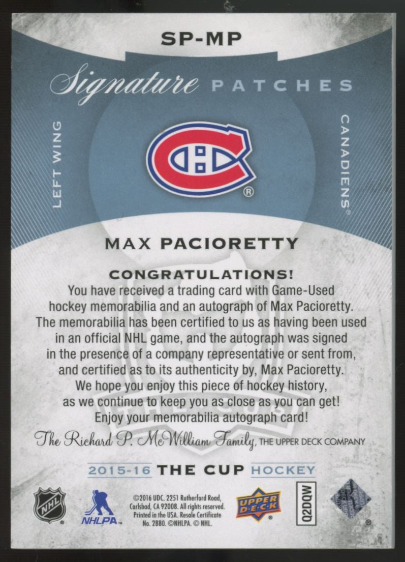 2015-16 Upper Deck The Cup Max Pacioretty Signature Patch Auto /99 #SP-MP