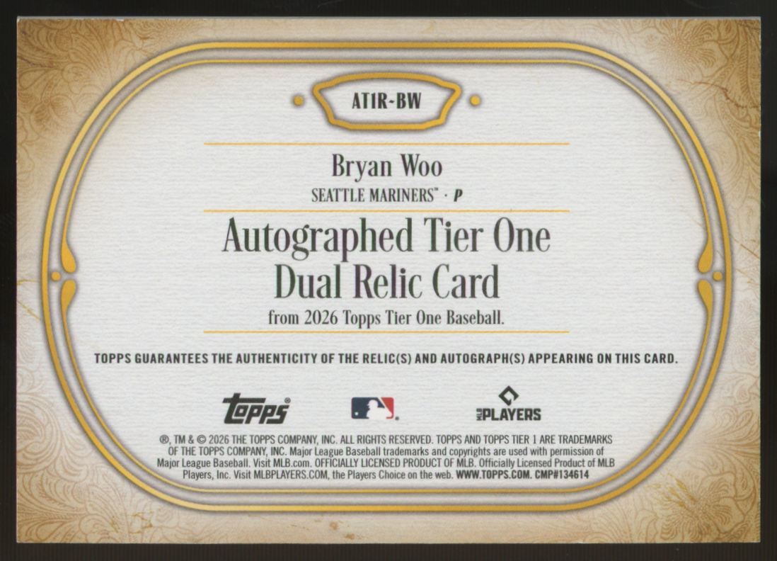 2026 Topps Tier One Bryan Woo Dual Relic Patch Auto /99 #AT1R-BW