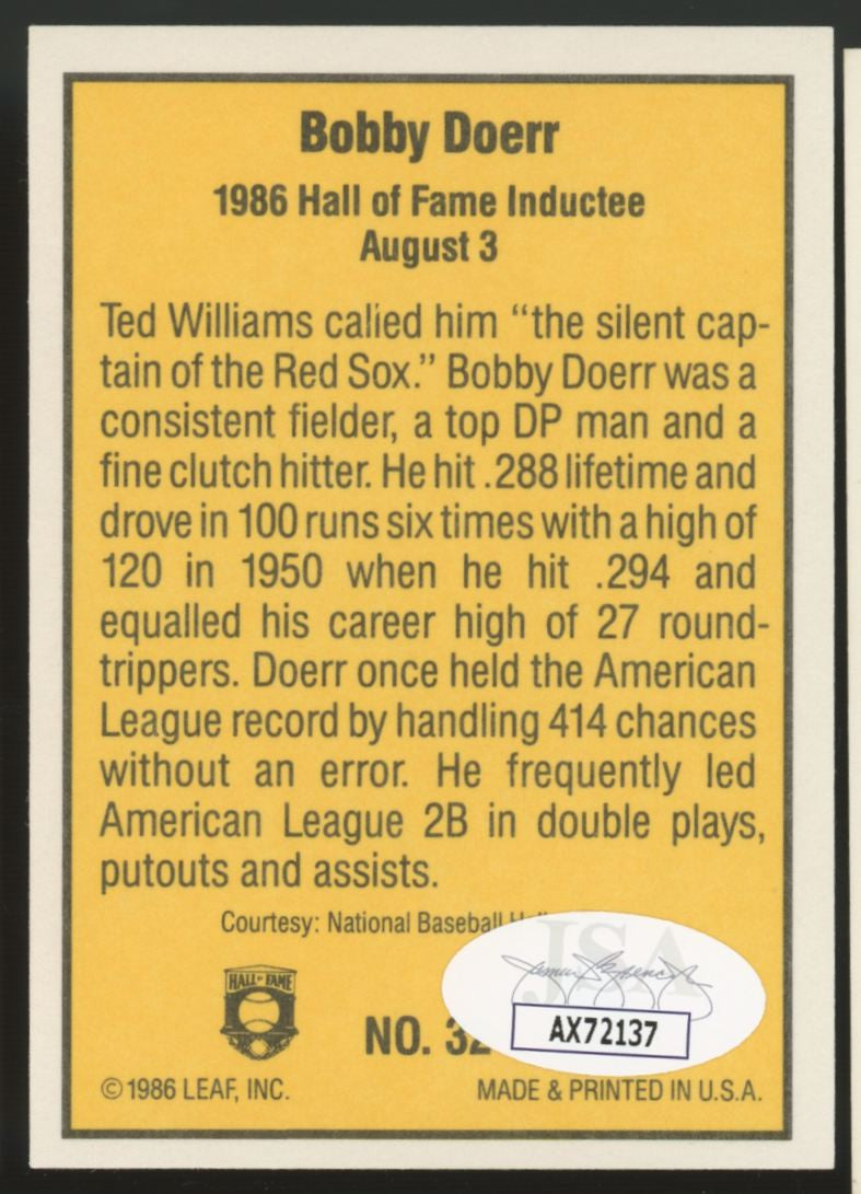 1986 Donruss Bobby Doerr #32 Signed Autographed Card JSA