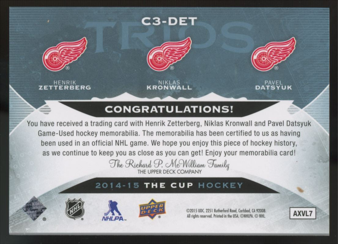 2014-15 UD The Cup Zetterberg/Kronwall/Datsyuk Triple Patch /25 #C3-DET