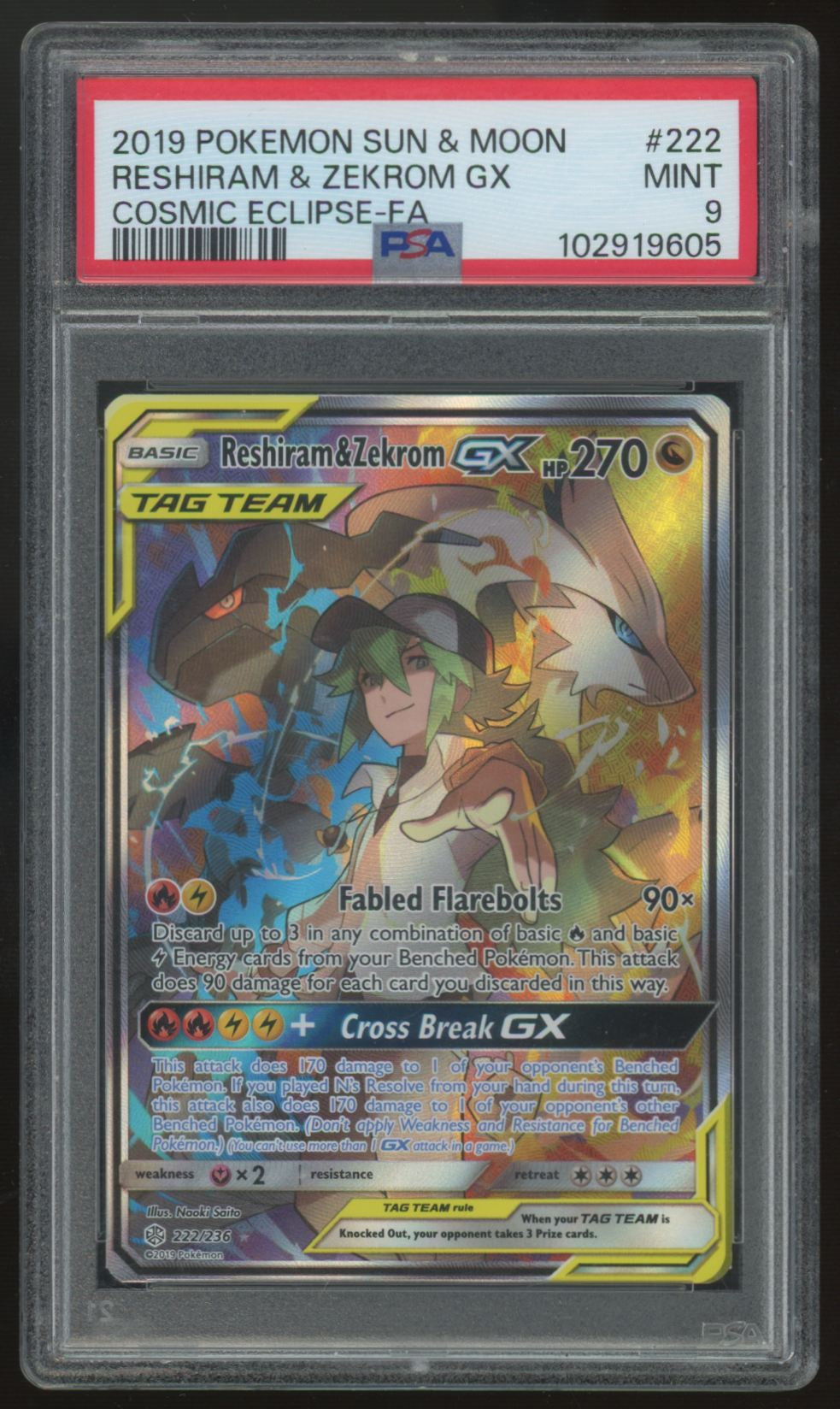 2019 Reshiram & Zekrom GX Cosmic Eclipse Full Art #222 PSA 9