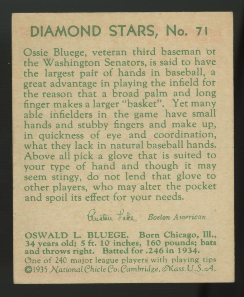 1935 National Chicle "Ossie" Bluege Diamond Stars #71 EX+
