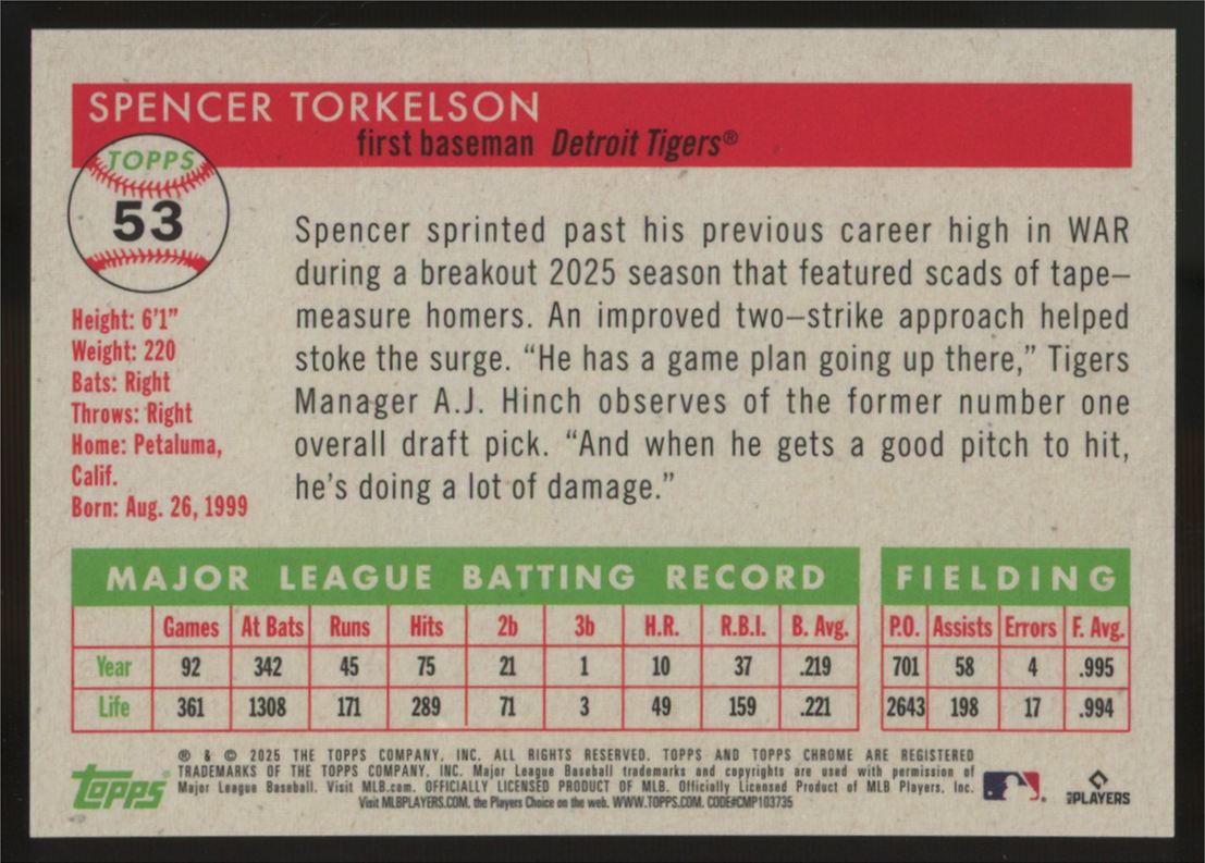2025 Topps Chrome Platinum Spencer Torkelson Toile Cream/Black Refractor /10 #53
