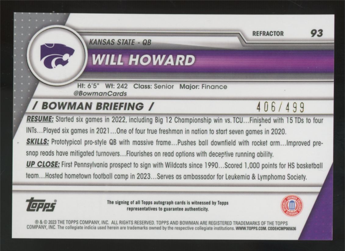 2023 Bowman Chrome U Will Howard 1st Refractor Auto /499 #93