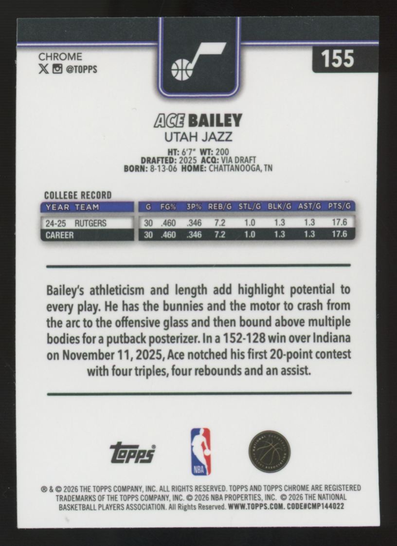 2025-26 Topps Chrome Update Sapphire Ace Bailey RC #155 "A"