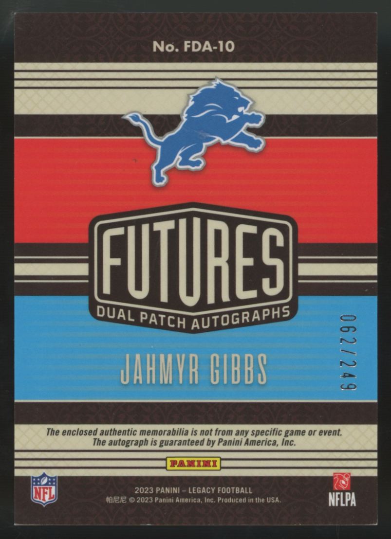 2023 Panini Legacy Jahmyr Gibbs RC Futures Dual Patch Auto RPA /249 #FDA-10