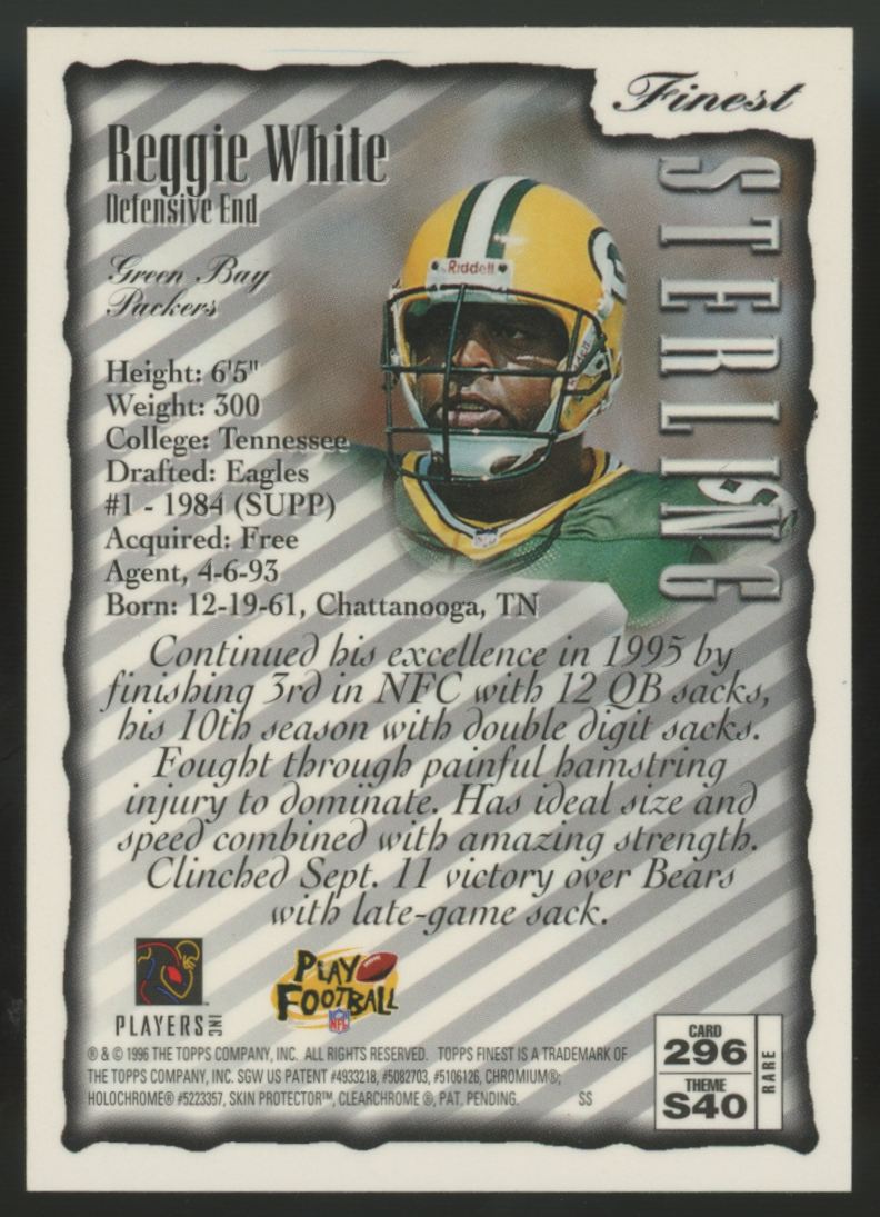 1996 Topps Finest Reggie White Sterling With Coating #296