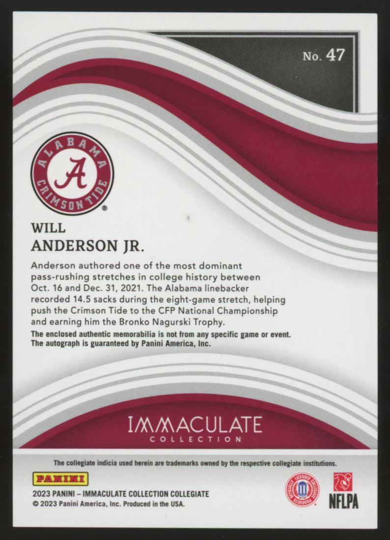 2023 Immaculate Will Anderson Jr. RC Patch Auto RPA /99 #47