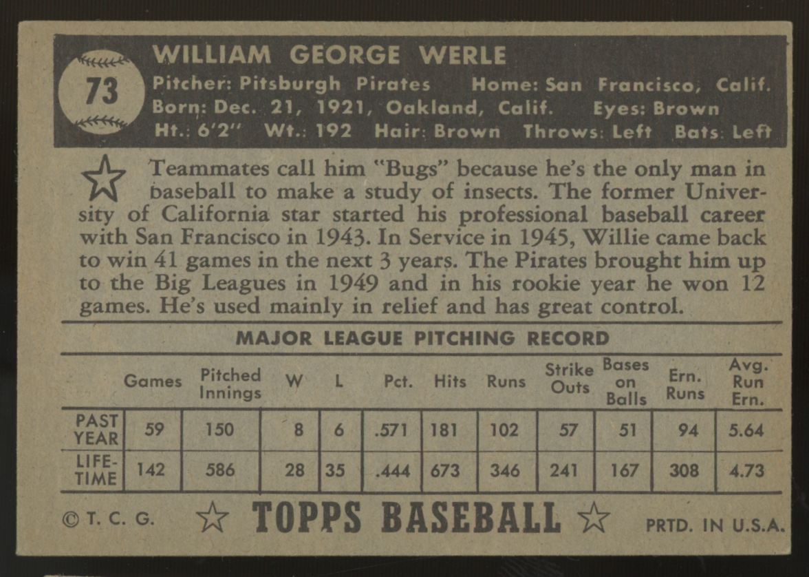 1952 Topps William Werle #73 VG/EX "A"