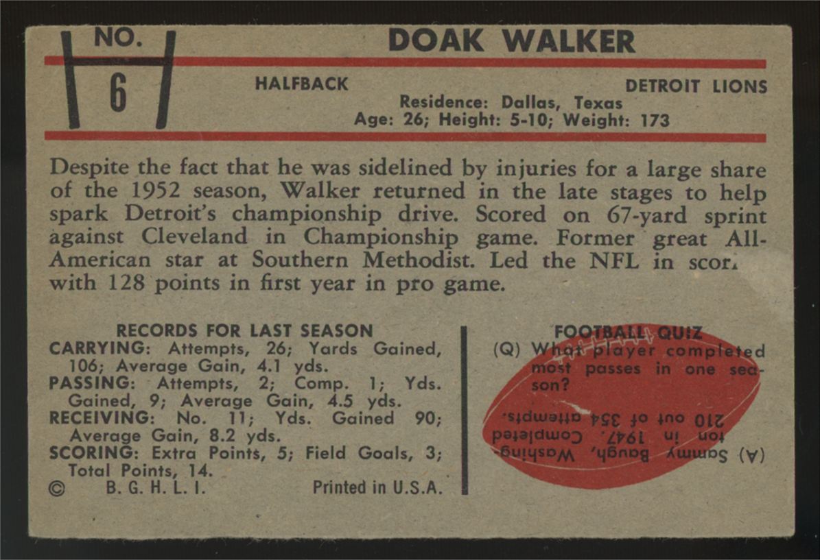 1953 Bowman Doak Walker #6 VG-EX (Paper Loss)