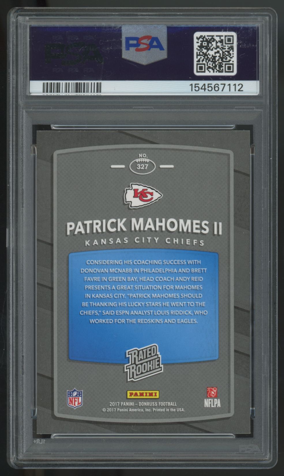 2017 Panini Donruss Patrick Mahomes II RC Rated Rookie #327 PSA 9