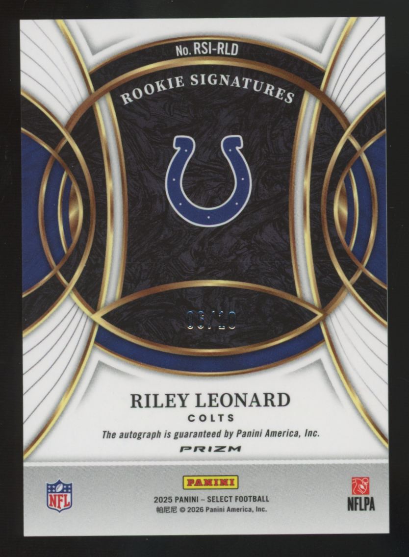 2025 Panini Select Riley Leonard RC Gold Prizm Signatures Auto /10 #RSI-RLD