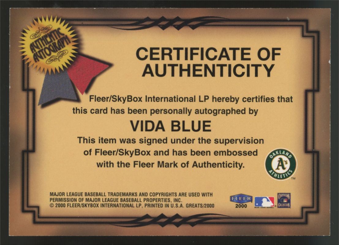2000 Fleer Greats Of The Game Vida Blue Auto
