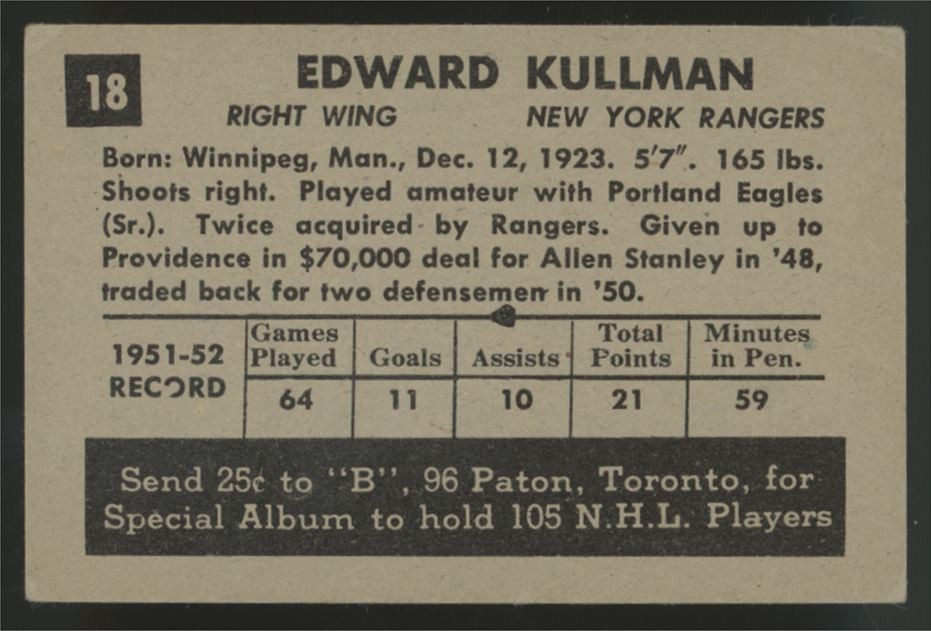 1952-53 Parkhurst Edward Kullman #18 VG