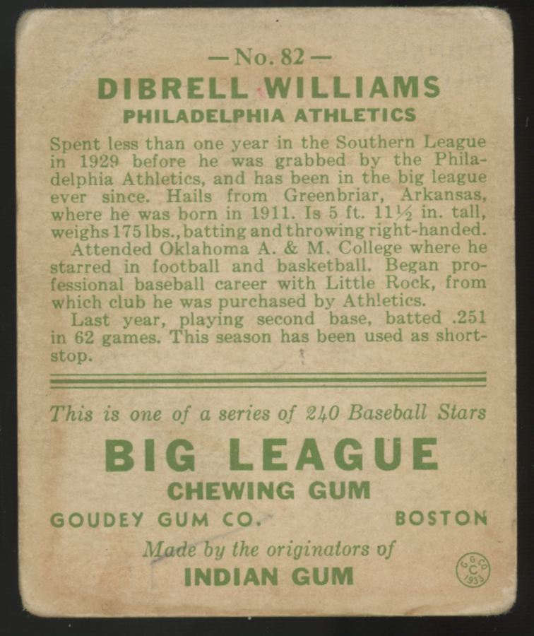 1933 Goudey Dibrell Williams Big League Gum #82 F/G