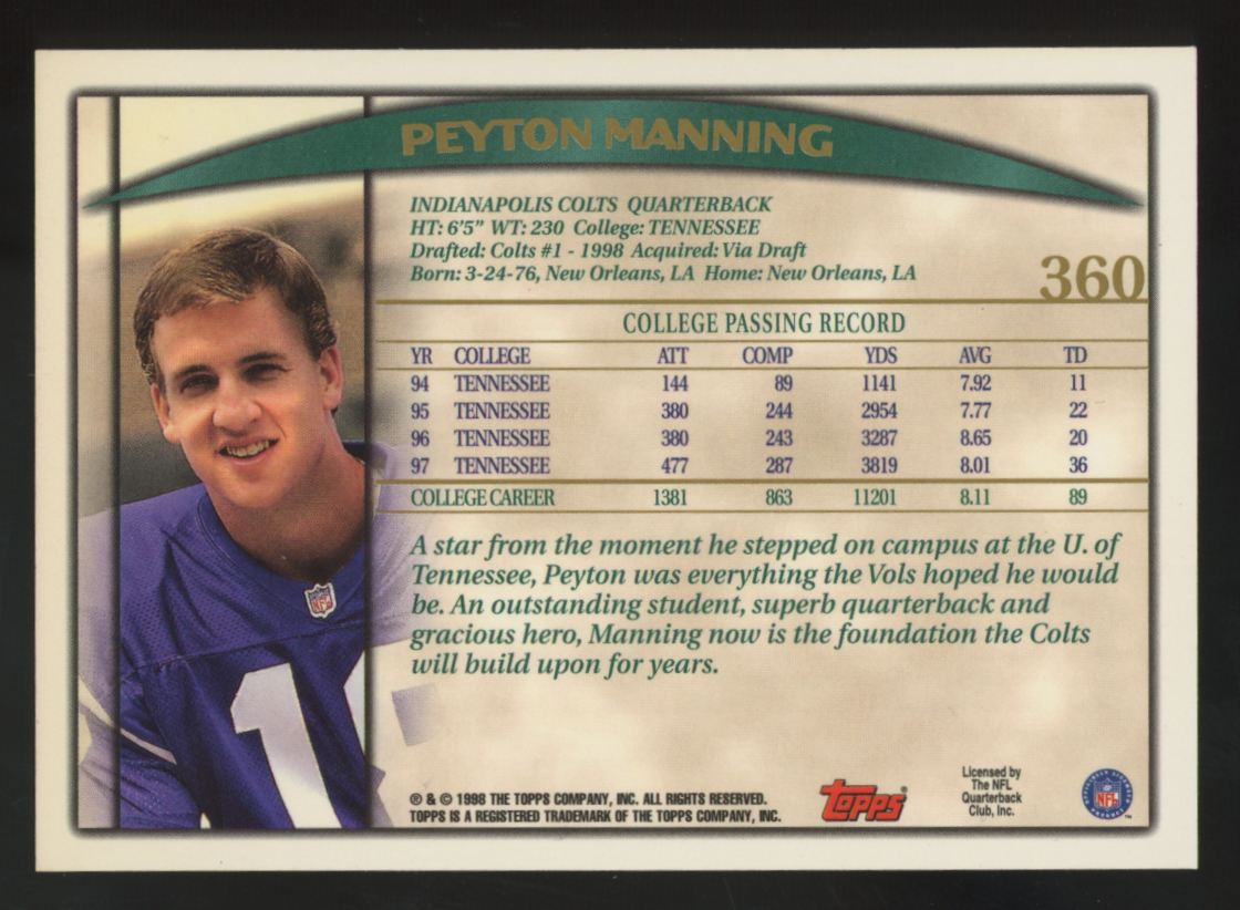 1998 Topps Peyton Manning RC Draft Picks #360