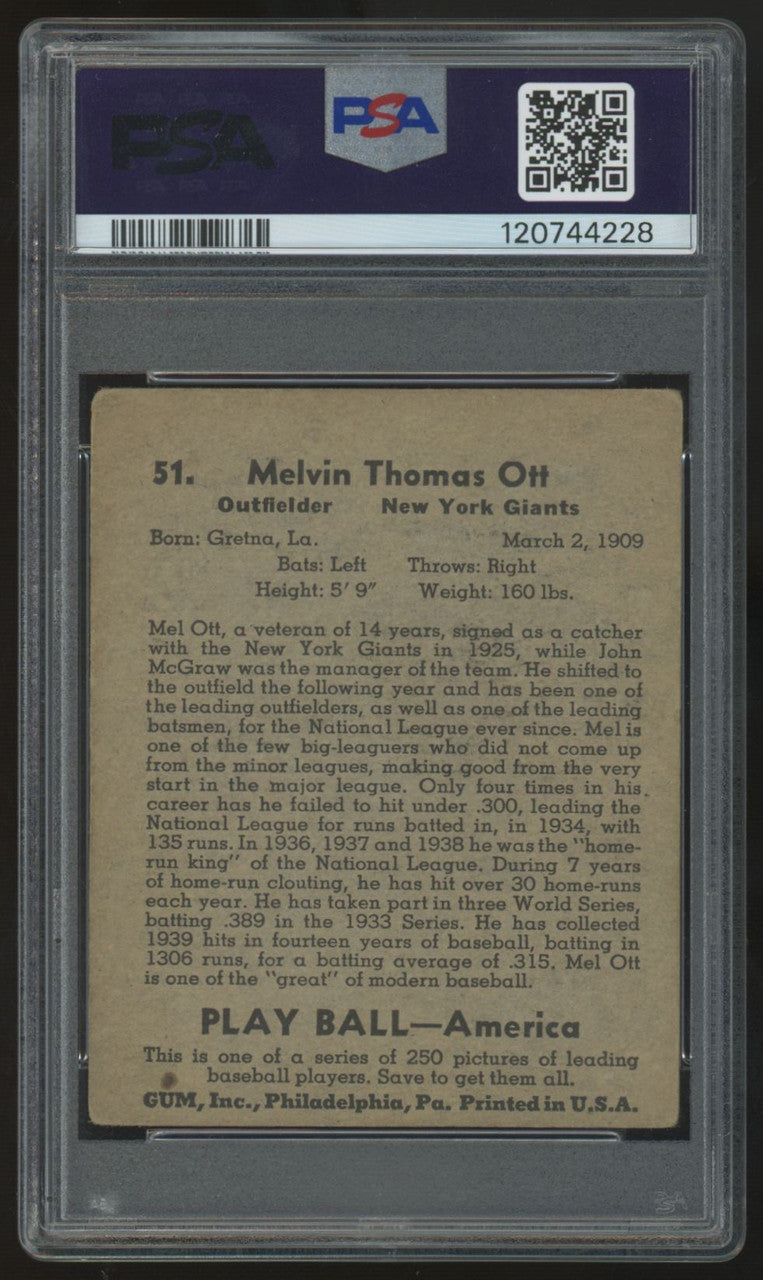 1939 Play Ball Mel Ott #51 PSA 2