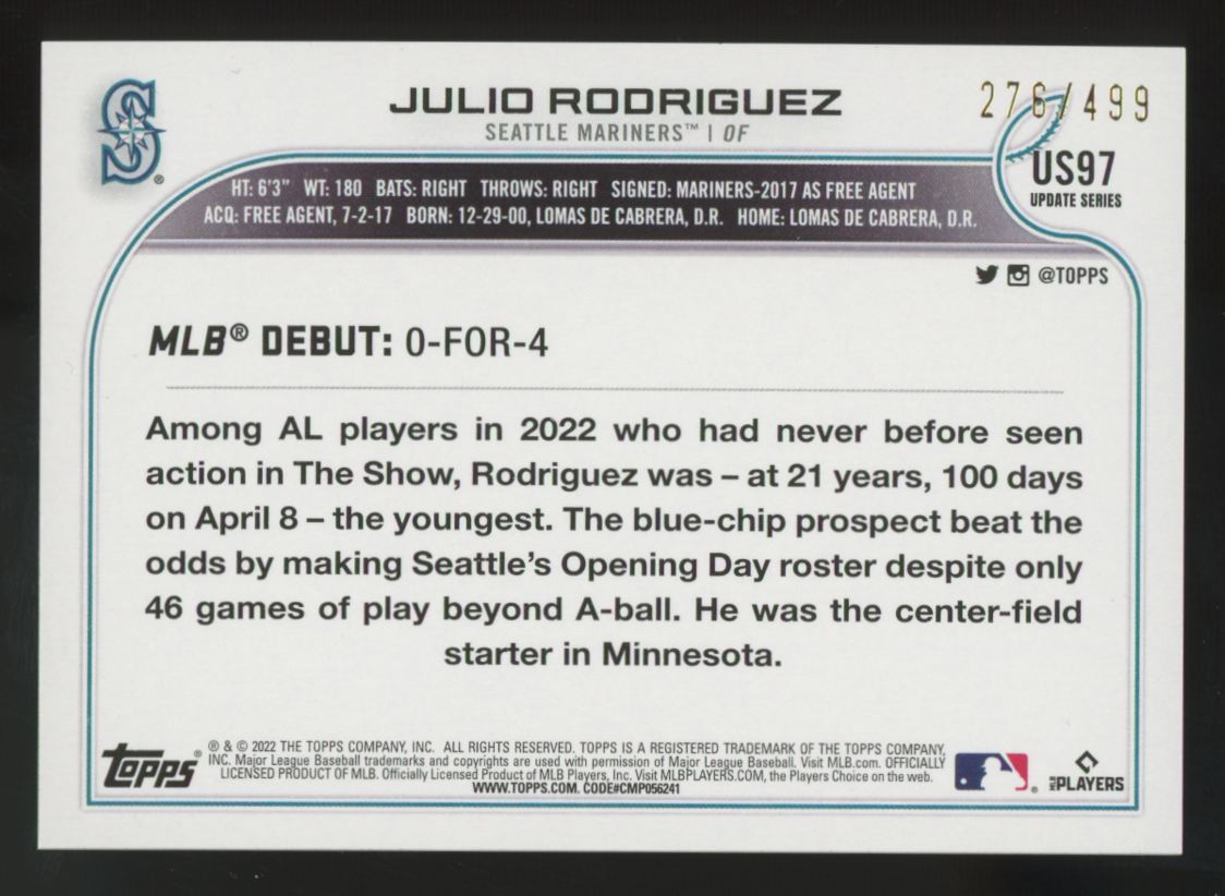 2022 Topps Update Julio Rodriguez RC Debut Green Foilboard /499 #US97