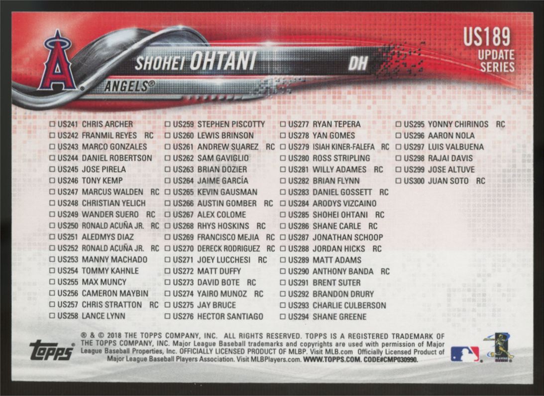 2018 Topps Update Series Shohei Ohtani RC #US189 "A"