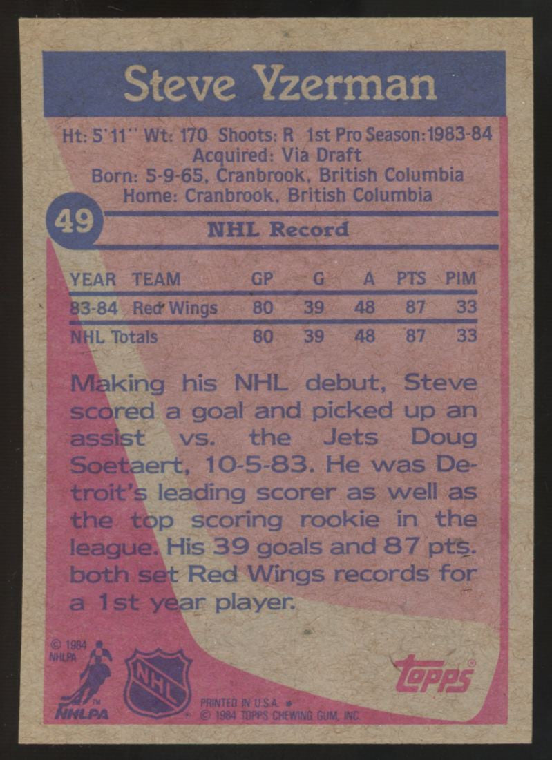 1984-85 Topps Steve Yzerman RC #49 NM "E"
