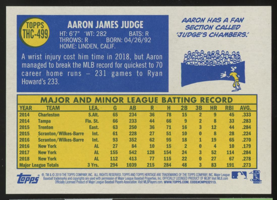 2019 Topps Heritage Chrome Aaron Judge Purple Hot Box Refractor #THC-499