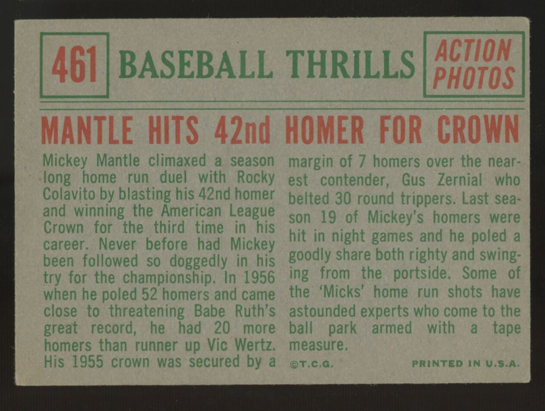 1959 Topps Baseball Thrills Mickey Mantle Hits 42nd Homer #461 VG/EX-EX