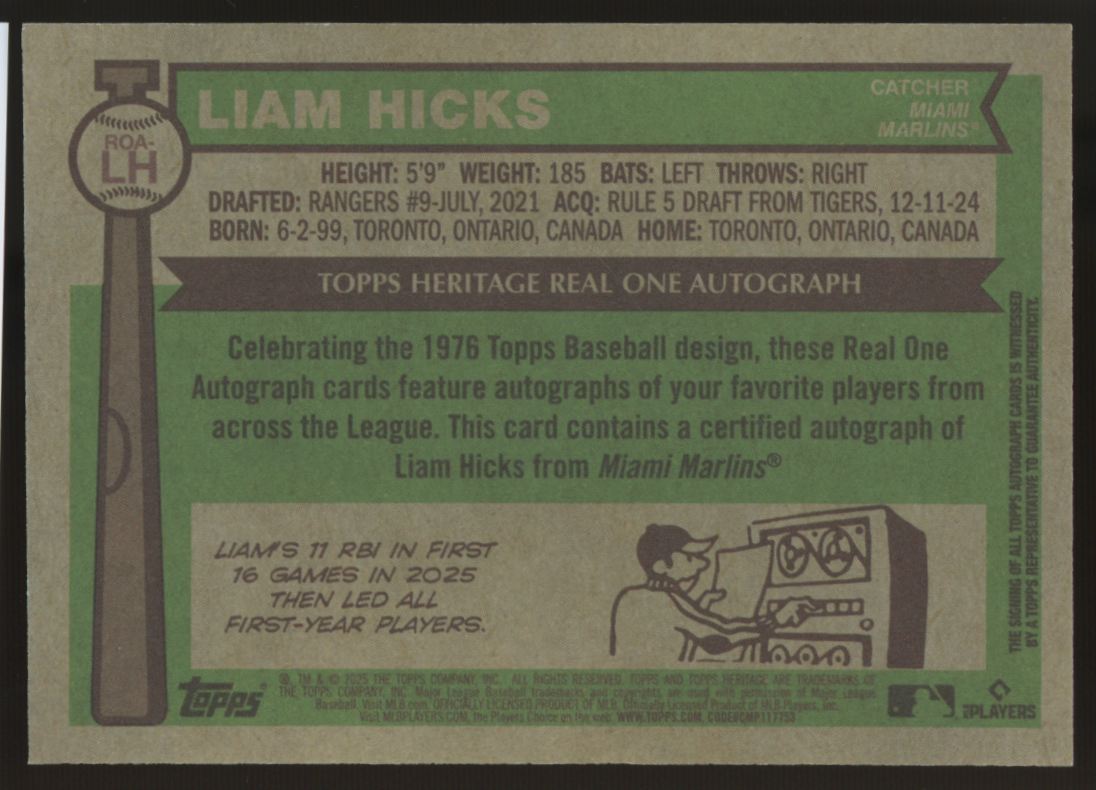 2025 Topps Heritage Liam Hicks RC Real One Auto Red Ink /76 #ROA-LH