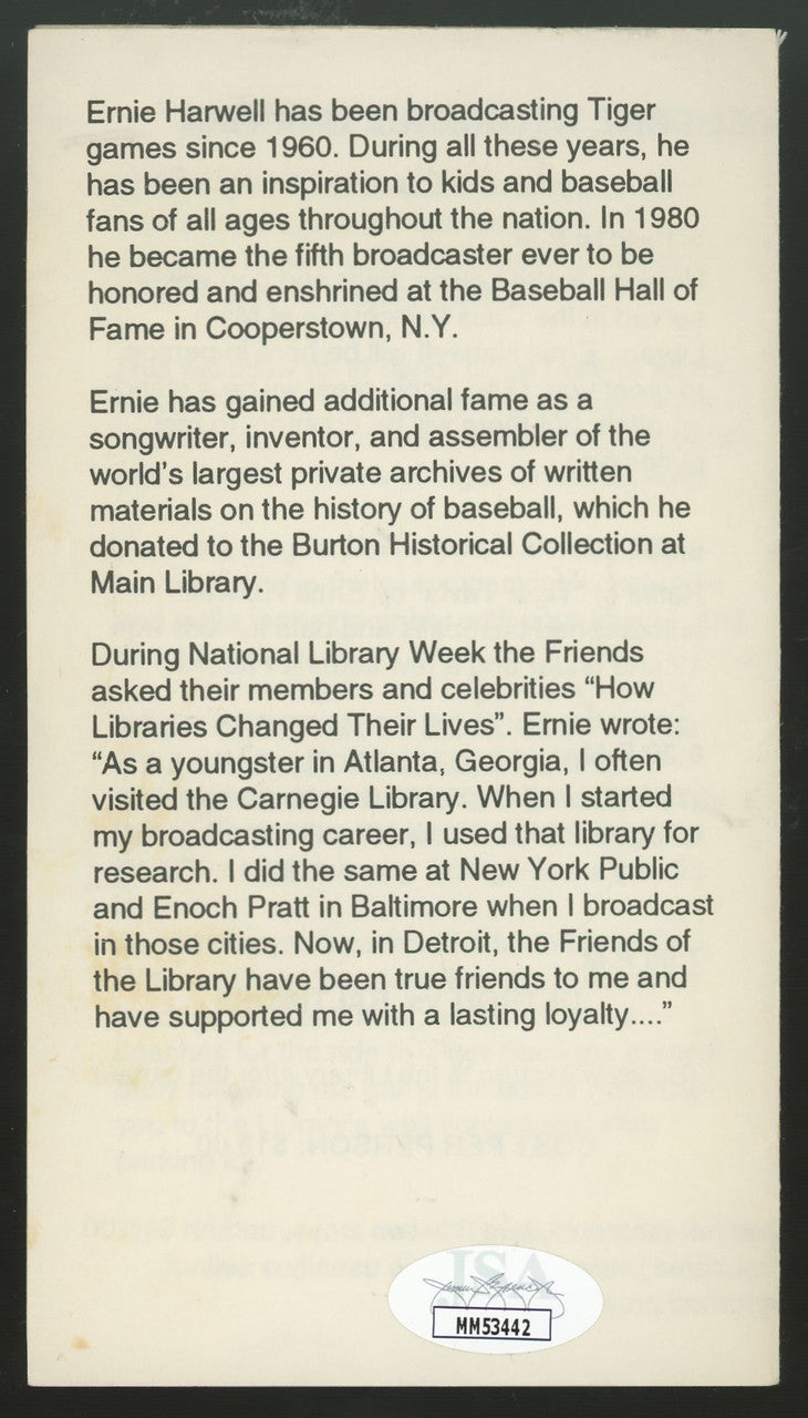 Ernie Harwell Signed Autographed Public Library Program JSA